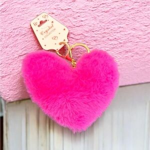 Fuzzy Heart Keychain - Hot Pink Pom Pom with Gold Hardware